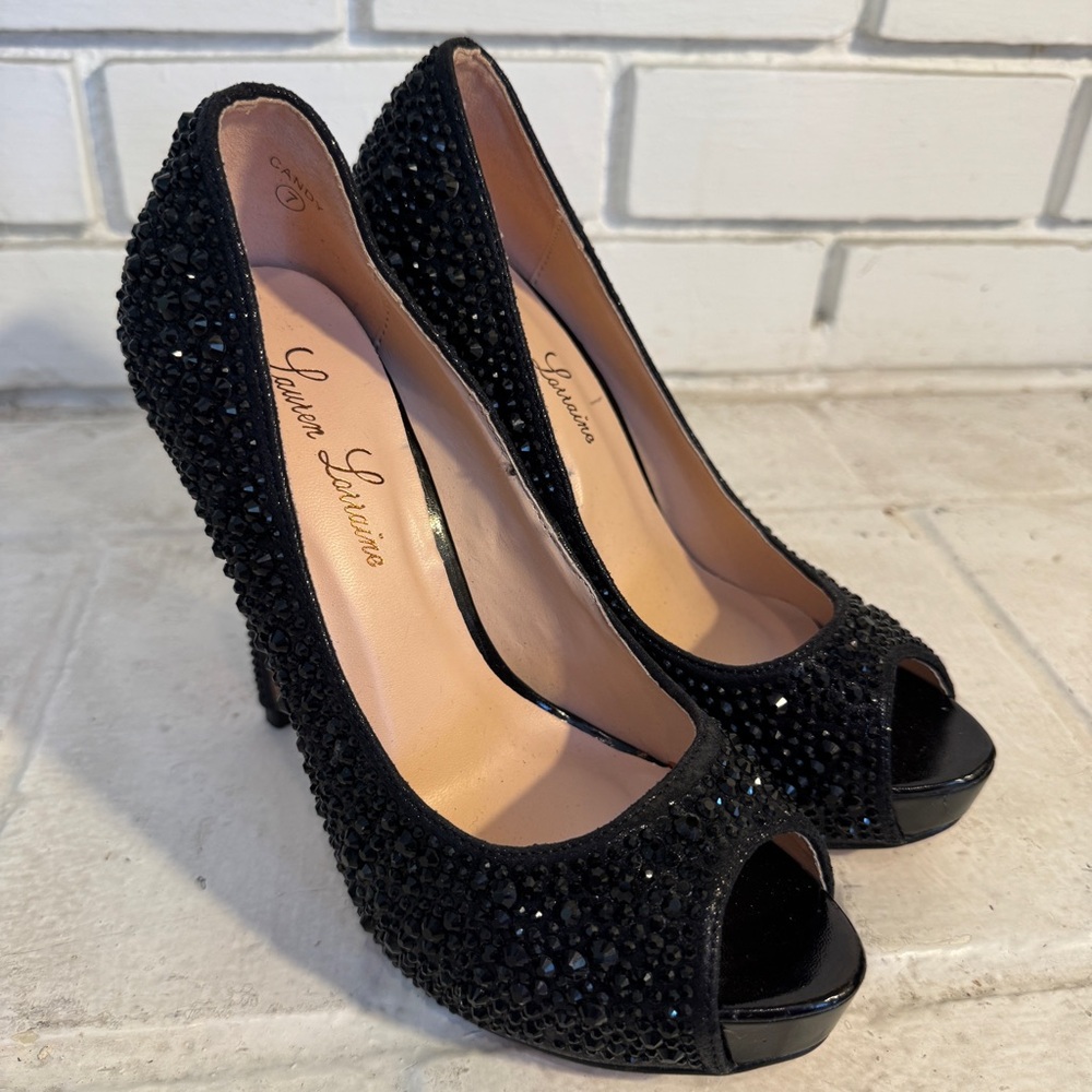Lauren Lorraine Elissa 2 Black Embellished Peep-Toe Platform Formal Pumps Sz 7